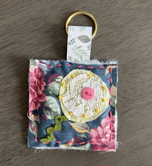 Quilted Key Ring, blue and pink floral